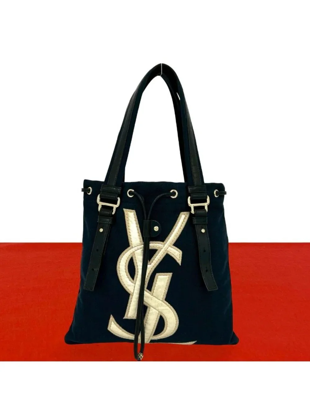 Saint Laurent Vintage YSL Logo Canvas Leather Tote Black